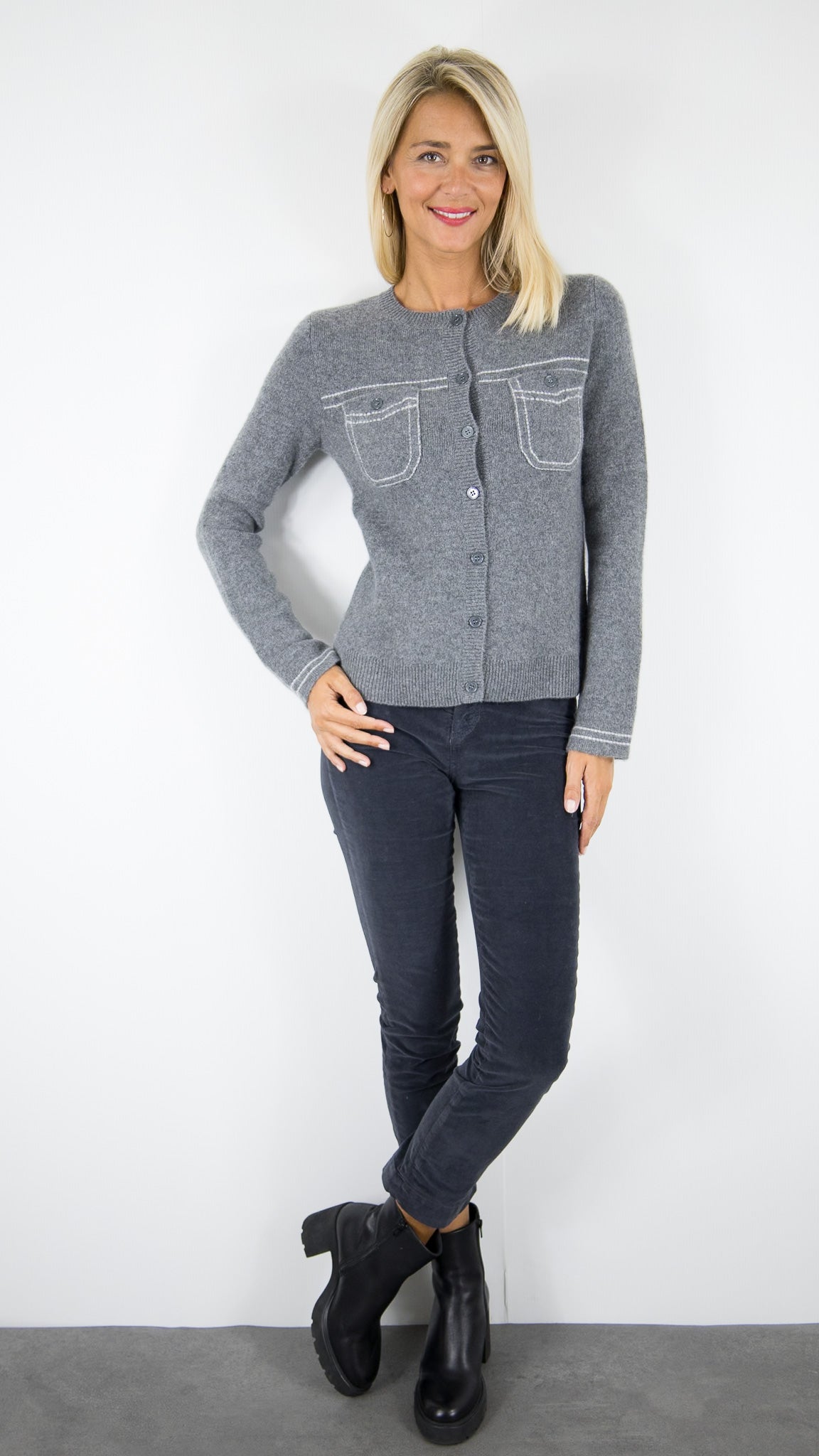 CARDIGAN EN CACHEMIRE POUR FEMME WES25080H #COLOR_71322/25068 GRIS
