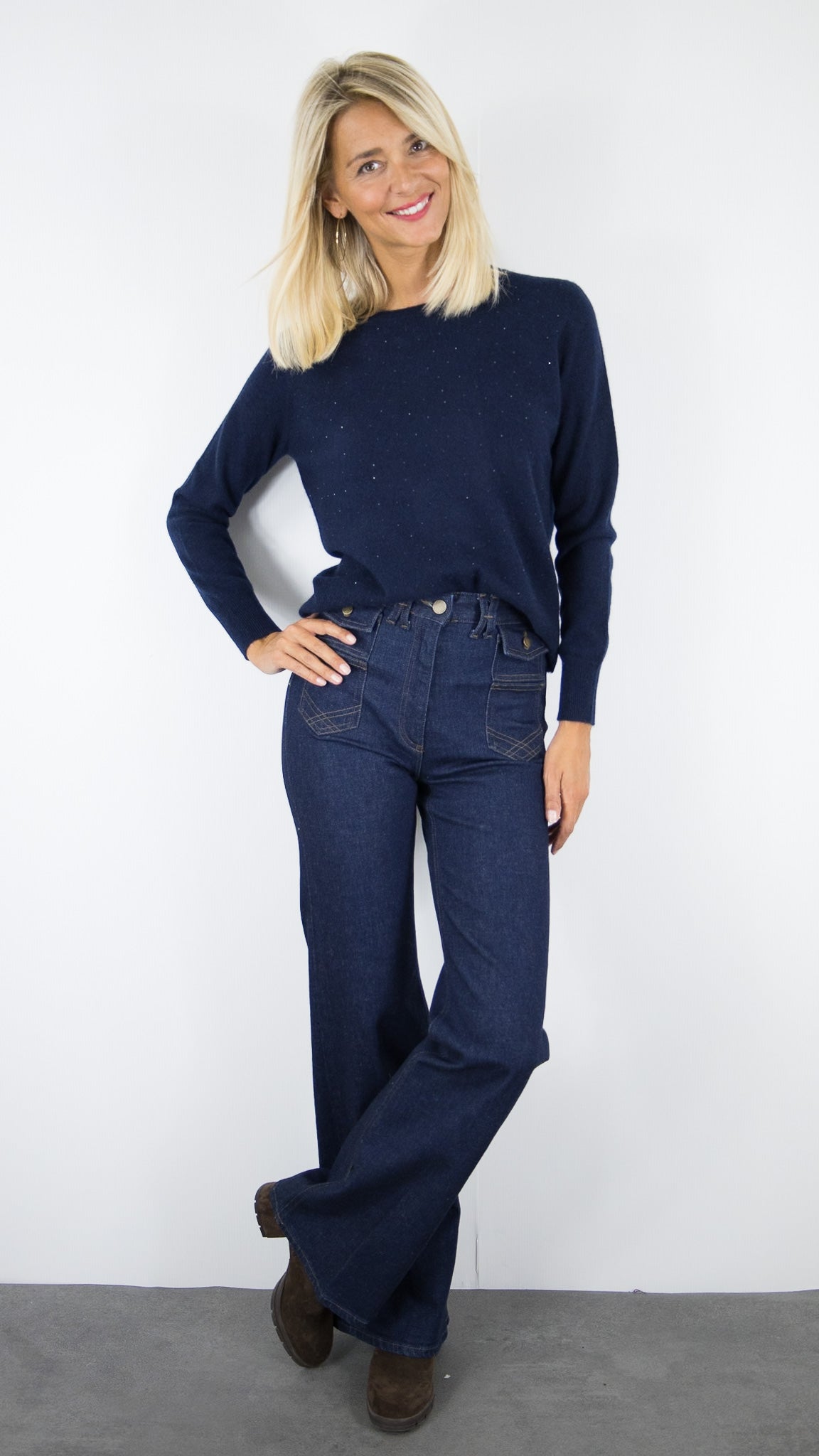 PULL COL ROND EN CACHEMIRE AVEC STRASS POUR FEMME  ESTHEME WES25089H#COLOR_53370/NUIT