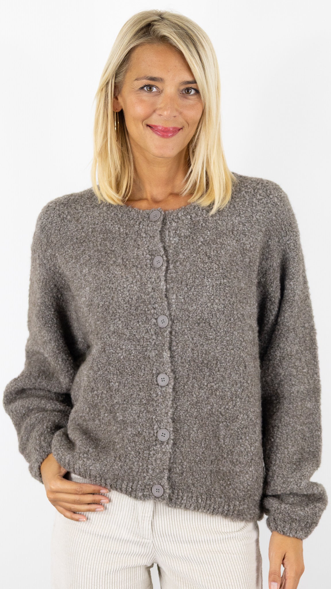 CARDIGAN AMPLE MAILLE BOUCLETTE TAUPE POUR FEMME AMERICAN VINTAGE ZOLLY