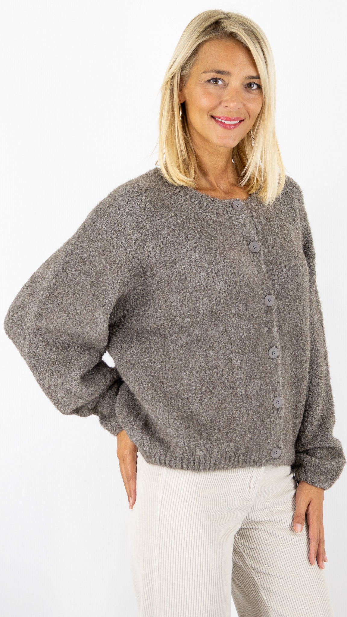 CARDIGAN AMPLE MAILLE BOUCLETTE TAUPE POUR FEMME AMERICAN VINTAGE ZOLLY